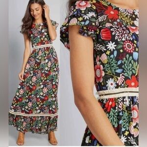 NWT Traffic People Floral Fringe Maxi Dress, Black, Multi, Size XL